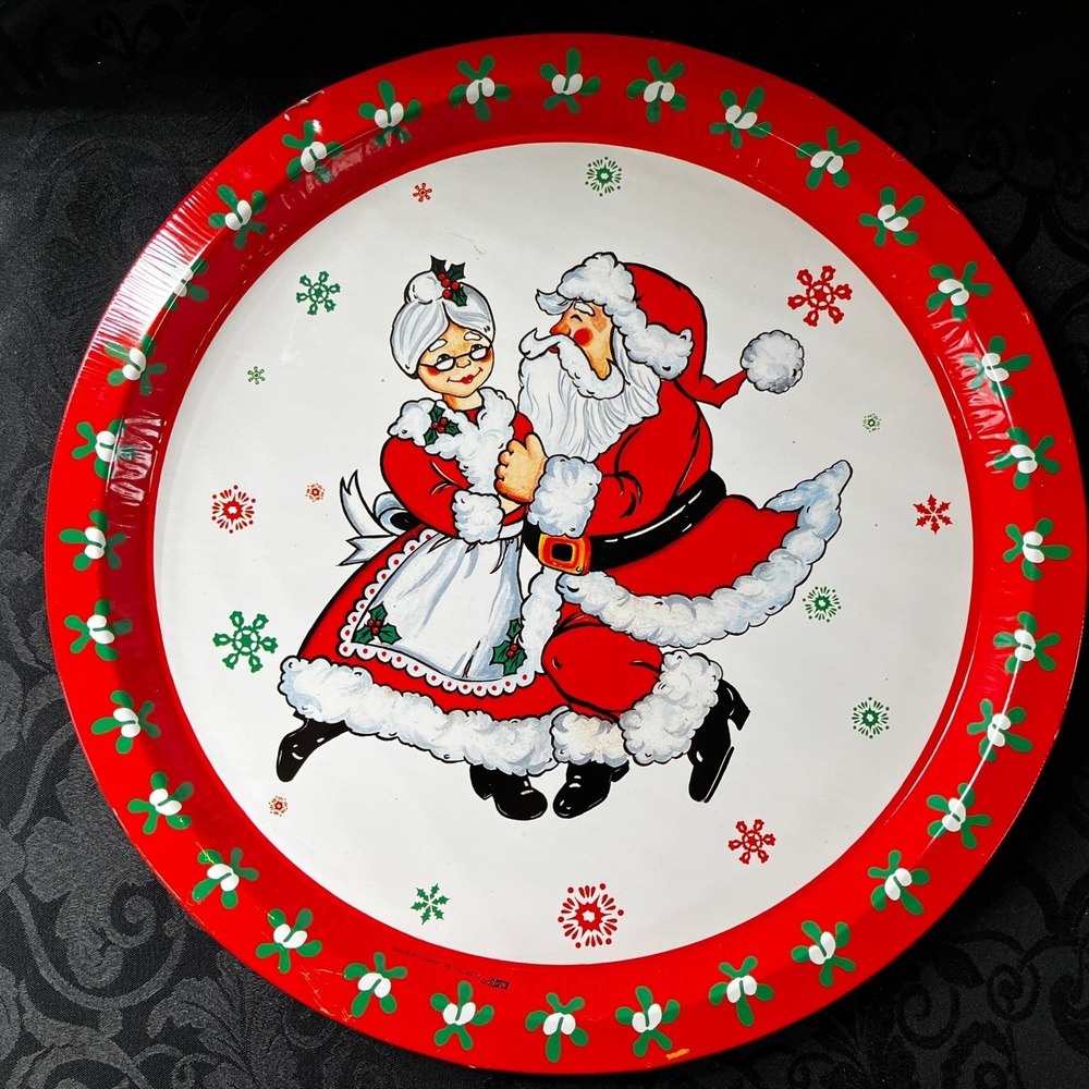 Vtg Giftco Christmas Metal Serving Tray Santa Mrs Claus Dancing 12.5" As Is